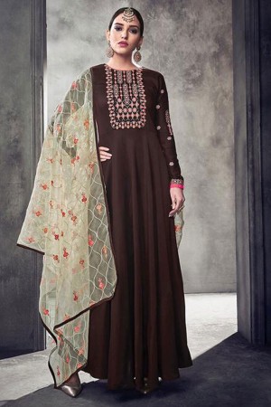 Beautiful Brown Maslin Embroidered Designer Gown