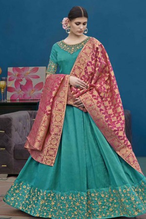 Classic Turquoise Silk Embroidered Long Length Designer Gown