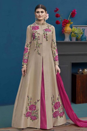 Supreme Beige Silk Embroidered Long Length Designer Gown