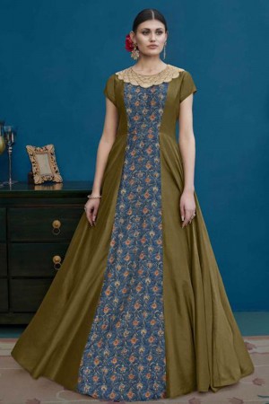 Gorgeous Mehendi Green Silk Printed Long Length Designer Gown