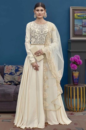 Desirable Off White Silk Designer Embroidered Gown