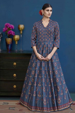 Charming Blue Silk Printed Designer Gown