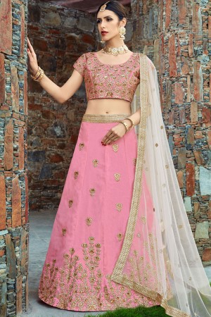 Lovely Pink Silk Embroidered Work Designer Lehenga Choli With Net Dupatta
