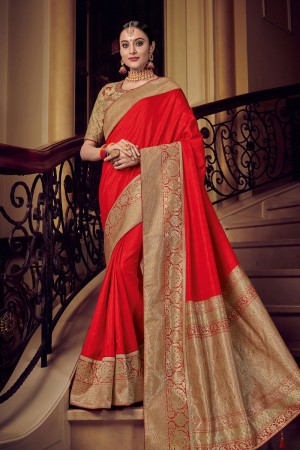 Lovely Red Silk Embroidered Saree With Silk Blouse