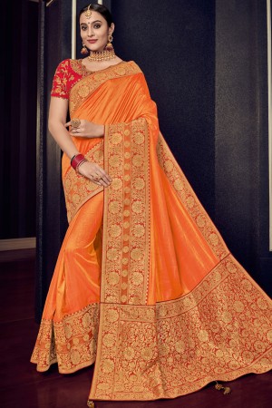 Charming Orange Silk Embroidered Saree With Silk Blouse