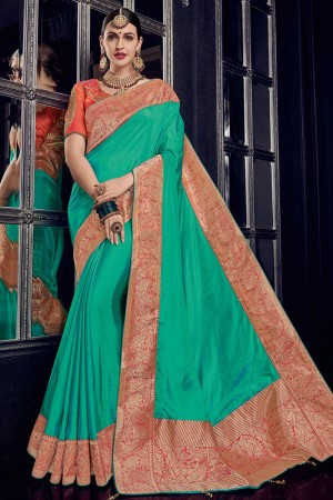 Desirable Turquoise Silk Embroidered Saree With Silk Blouse