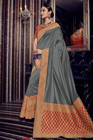 Gorgeous Grey Silk Embroidered Saree With Silk Blouse