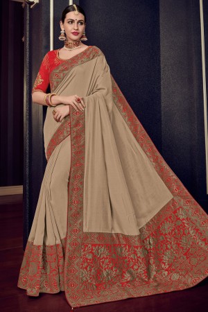 Classic Beige Silk Embroidered Saree With Silk Blouse