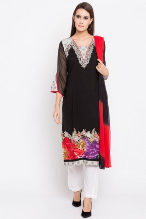 Beautiful Black Cotton Plus Size Readymade Salwar Suit With Faux Chiffon Dupatta