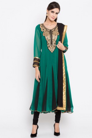 Classic Green Faux Georgette Plus Size Readymade Salwar Suit With Faux Chiffon Dupatta