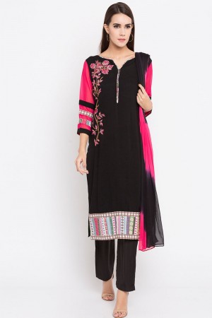 Charming Black Cotton Plus Size Readymade Salwar Suit With Faux Chiffon Dupatta