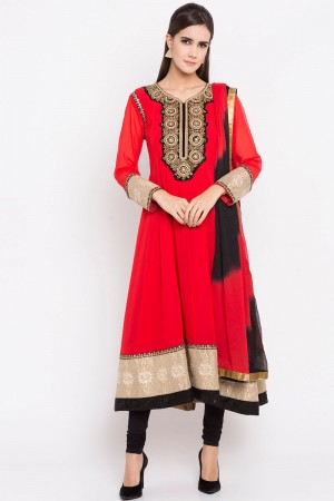Desirable Red Faux Georgette Party Wear Plus Size Readymade Salwar Suit With Faux Chiffon Dupatta