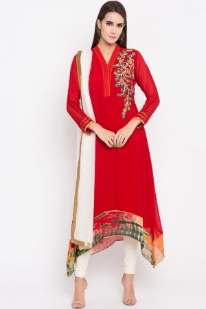 Excellent Red Faux Georgette Plus Size Readymade Salwar Suit With Faux Chiffon Dupatta