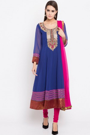 Graceful Blue Faux Georgette Plus Size Readymade Salwar Suit With Faux Chiffon Dupatta