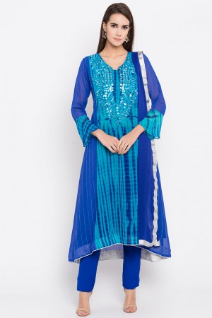 Lovely Blue Faux Georgette Plus Size Readymade Salwar Suit With Faux Chiffon Dupatta