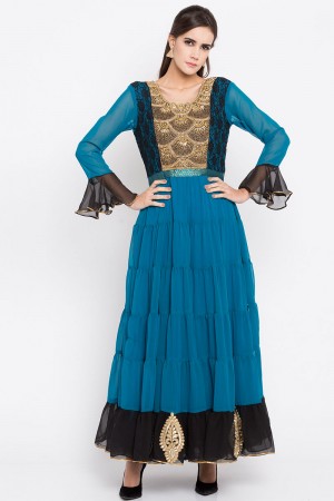 Supreme Blue Faux Georgette Plus Size Readymade Salwar Suit With Faux Chiffon Dupatta