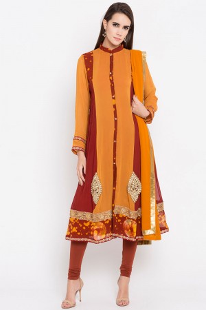 Ultimate Mustard Faux Georgette Plus Size Readymade Salwar Suit With Faux Chiffon Dupatta
