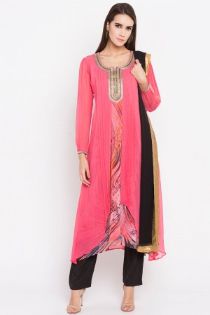 Ultimate Pink Faux Georgette Plus Size Readymade Salwar Suit With Faux Chiffon Dupatta