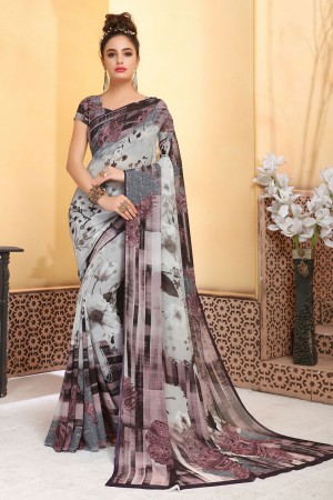 Charming Grey Brasso Printed Saree With Weightless Fabric