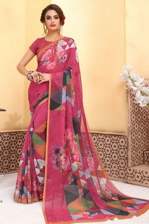 Beautiful Pink Brasso Printed Saree With Weightless Fabric