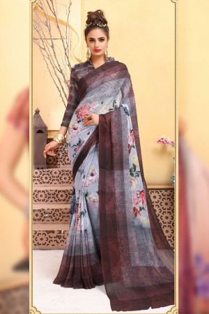 Desirable Grey Brasso Printed Saree With Weightless Fabric