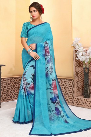 Supreme Sky Blue Brasso Printed Saree With Weightless Fabric
