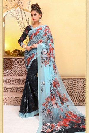 Classic Sky Blue and Black Brasso Printed Saree With Weightless Fabric