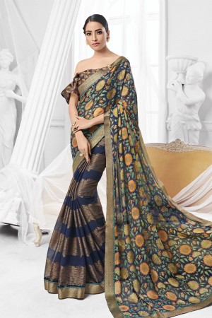 Classic Golden and Blue Brasso Printed Saree With Banglori Silk Fabric