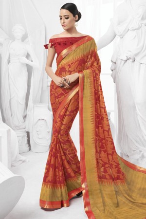Stylish Orange Brasso Printed Saree With Banglori Silk Fabric