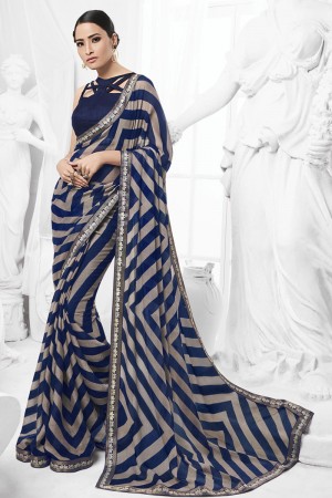 Beautiful Navy Blue Brasso Printed Saree With Banglori Silk Fabric