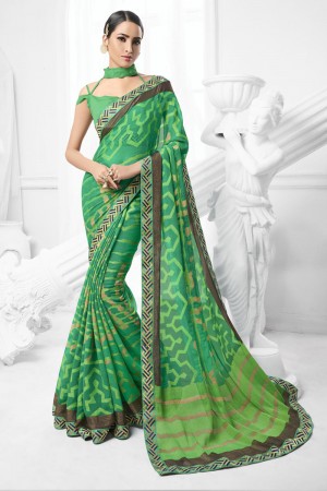 Desirable Green Brasso Printed Saree With Banglori Silk Fabric