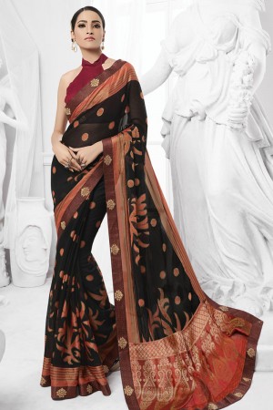 Ultimate Black Brasso Printed Saree With Banglori Silk Fabric