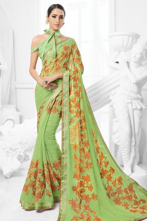 Gorgeous Green Brasso Printed Saree With Banglori Silk Fabric