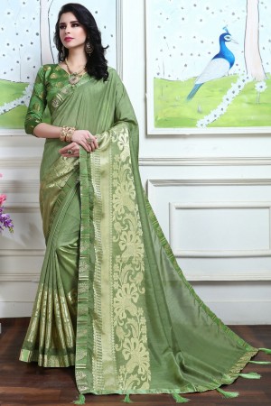 Classic Green Silk Jaquard Work Saree With Satin Blouse