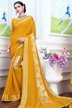 Beautiful Yellow Silk Jaquard Work Saree With Satin Blouse