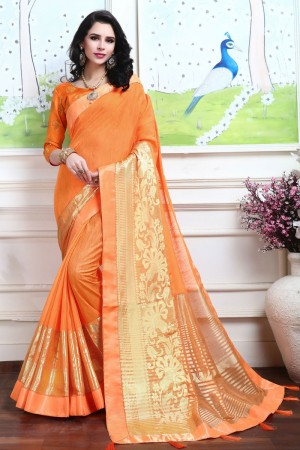 Stylish Orange Silk Jaquard Work Saree With Satin Blouse
