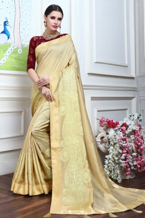 Desirable Beige Silk Jaquard Work Saree With Satin Blouse