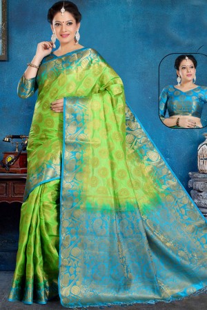 Beautiful Green and Sky Blue Art Silk Jaquard Work Saree With Art Silk Blouse