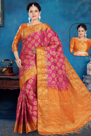 Classic Pink and Orange Art Silk Jaquard Work Saree With Art Silk Blouse