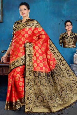 Charming Red and Black Art Silk Jaquard Work Saree With Art Silk Blouse