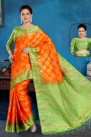 Desirable Orange and Green Art Silk Jaquard Work Saree With Art Silk Blouse