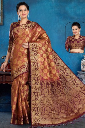Excellent Brown Art Silk Jaquard Work Saree With Art Silk Blouse