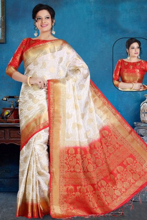 Optimum White and Red Art Silk Jaquard Work Saree With Art Silk Blouse
