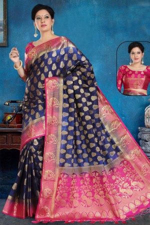 Supreme Navy Blue and Pink Art Silk Jaquard Work Saree With Art Silk Blouse