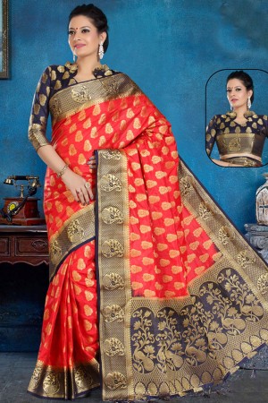 Beautiful Red Art Silk Jaquard Work Saree With Art Silk Blouse
