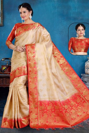Lovely Off White and Red Art Silk Jaquard Work Saree With Art Silk Blouse