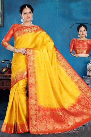 Classic Yellow and Red Art Silk Jaquard Work Saree With Art Silk Blouse