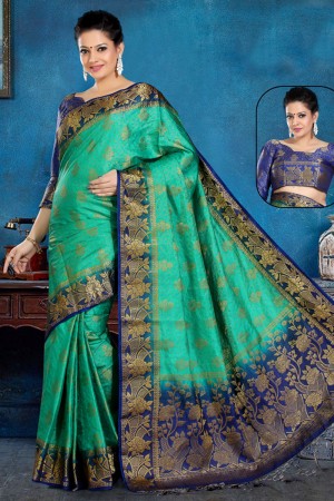 Pretty Turquoise and Blue Art Silk Jaquard Work Saree With Art Silk Blouse