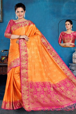 Admirable Orange and Pink Art Silk Jaquard Work Saree With Art Silk Blouse