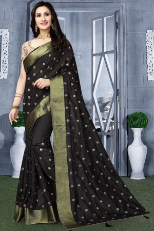 Gorgeous Black Resham Embroidered Saree With Resham Blouse